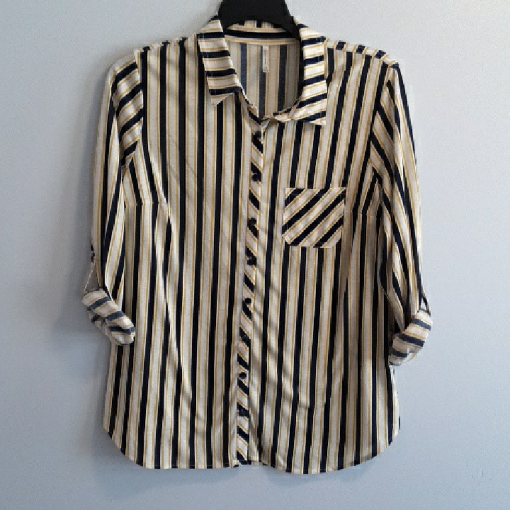 DNA Couture Button-Down Shirt w/ Rolled Sleeves, White, Black & Yellow Stripes
